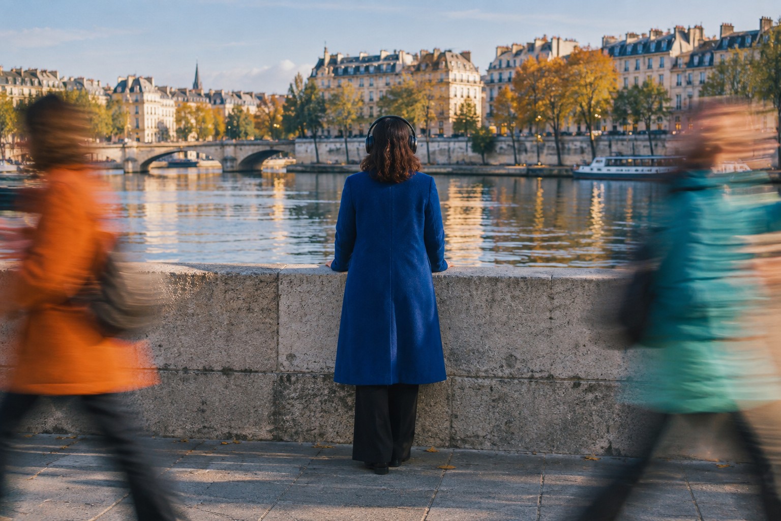 A listener in a blue coat pauses beside the water as the city moves around them.