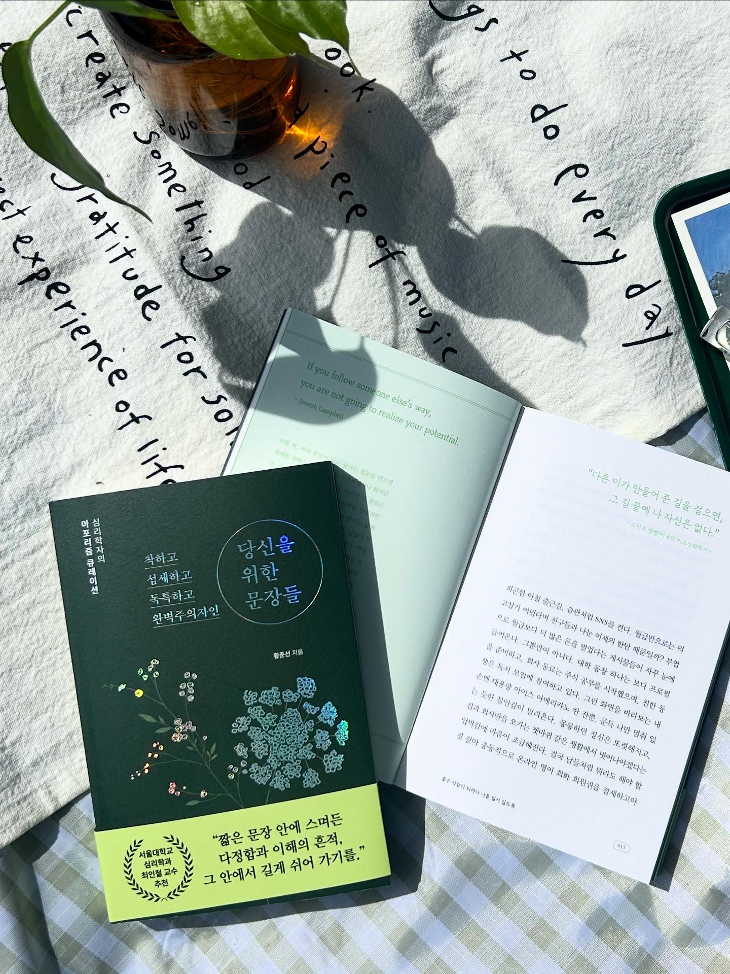 Junseon Hwang’s book beside an open spread in natural sunlight.